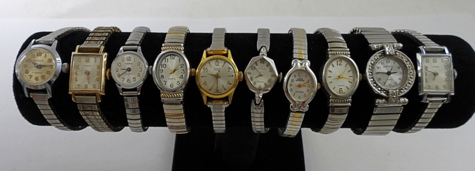 (10)LADIES SILVER STRETCH BAND WATCHES: UNTESTED, SKINNY BANDS, GREY DIALS, RUMORS, TIMEX, SARH COVENTRY, SILENA, 17 JEWELS,