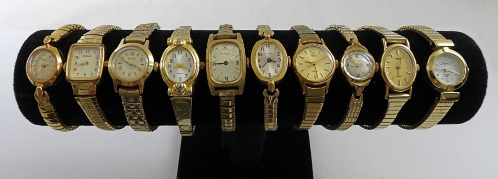 (10) LADFIES GOLD STRETCH BAND WATCHES: UNTESTED, PULSAR, CARRIAGE, TIMEX, GRUEN,