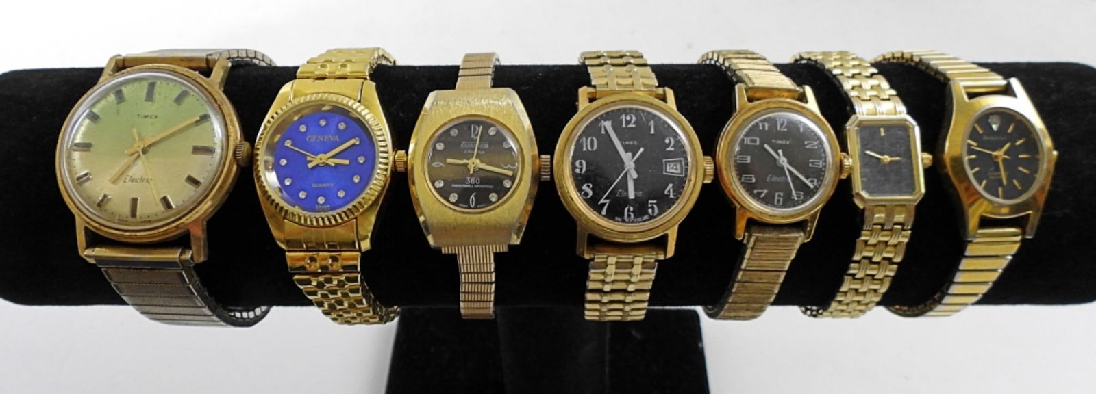 (7) LADIES GOLD STRETCH BAND WATCHES: UNTESTED, VARIETY OF COLORS OF DIALS & WIDTH BANDS, KRONARON, GENEVA, CITIZEN, ARMITRON