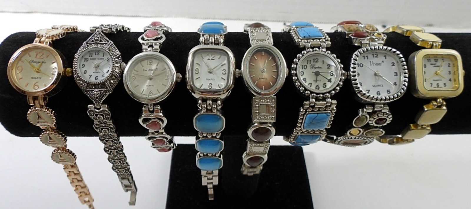 (8) LADIES UNIQUE COLORFUL WATCHES: UNTESTED, COLORFUL UNIQUE GEM DESIGN BANDS, ROYALITON, CHAOYADA, SAINT LAURENT,BAY STUDIO,VIVANI