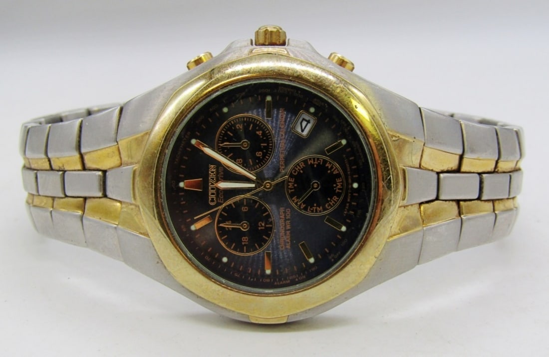 CITIZEN ECO-DRIVE CHRONO WATCH: UNTESTED / UNVERIFIED, E812-K001218, NAVY DAIL, JAPAN MOVEMENT