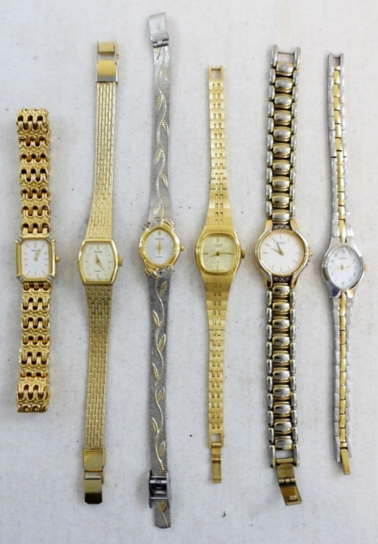 (6)LADIES SKINNY GOLD TONE BAND WATCHES: UNTESTED,SEIKO,CITIZEN,PULSAR,ELGIN,
