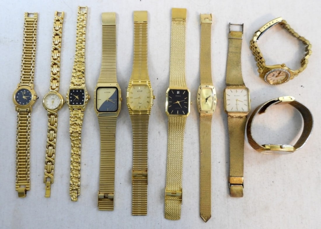 (10) LADIES GOLD TONE WATCHES: UNTESTED, CITIZEN, GENEVA, BULOVA, TIMEX, LUXURY, Q&Q