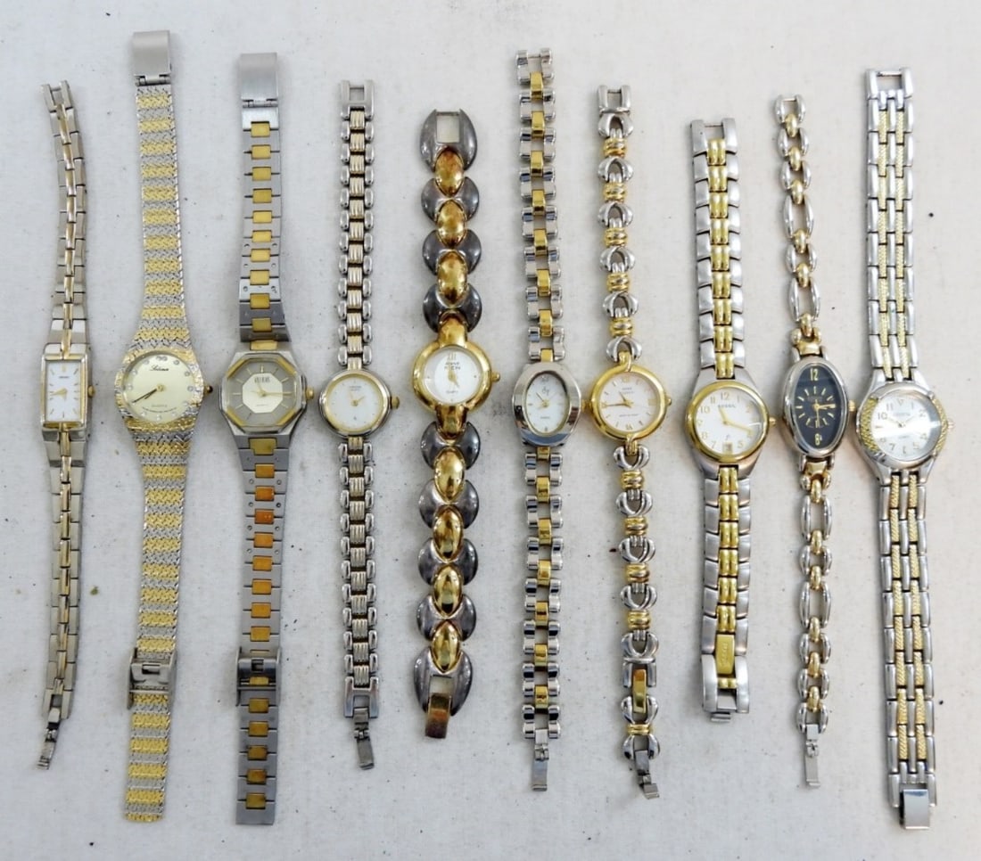 (10) LADIES SILVER/GOLD TONE WATCH LOT: UNTESTED, ANNE KLEIN, FOSSIL, GENEVA, CITIZEN, VICTORIA RHEIN,