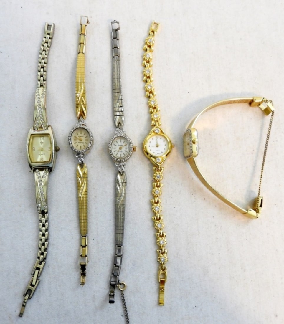 (5)LADIES SKINNY BAND CLASP WATCHES: UNTESTED, ARMITRON, GENEVA