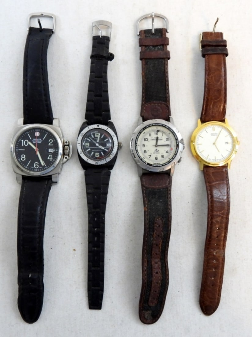 (4)MENS LEATHER BAND DAY/DATE WATCHES: UNTESTED,WENGER SWISS ARMY,TIMEX,SEIKO