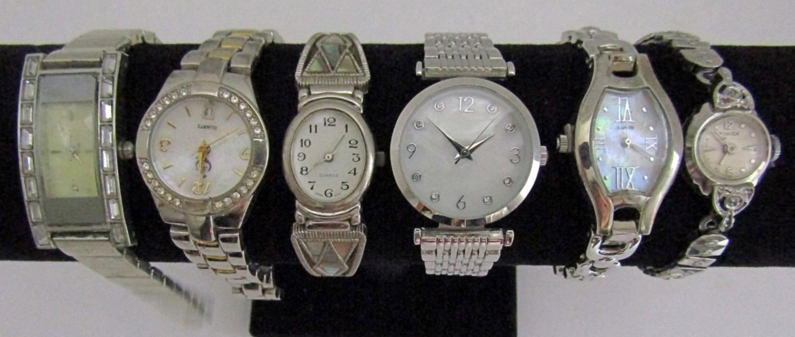 (6) SILVER TONE LADIES WATCHES: SOME WITH ABALONE FACES - UNTESTED