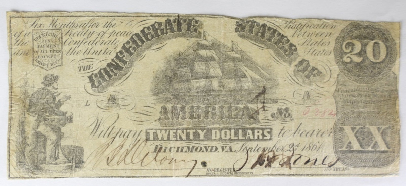 1861 $20 CONFEDERATE STATES OF AMERICA: SHIP DESIGN