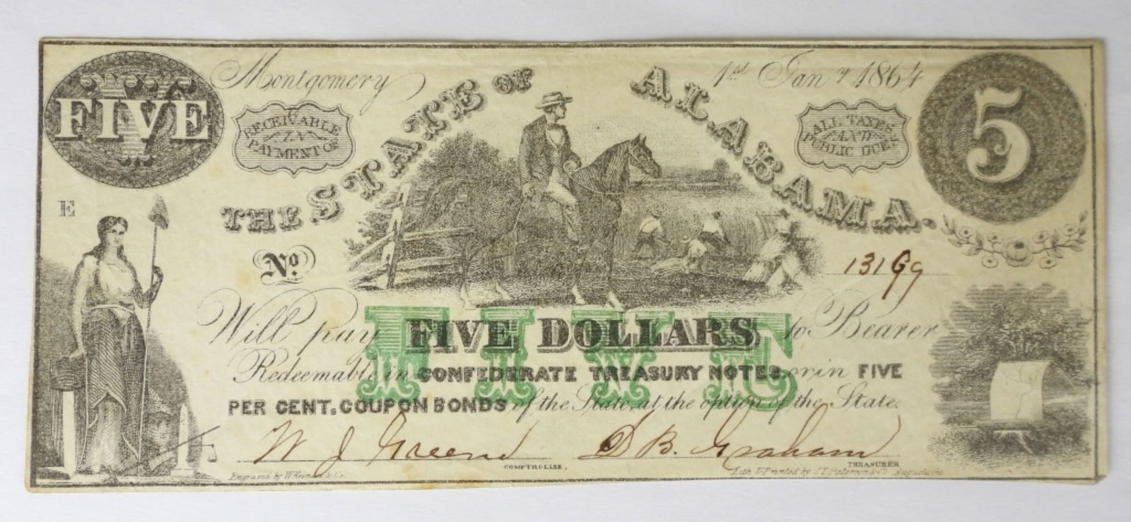 1864 $5 THE STATE OF ALABAMA (1 of 2)