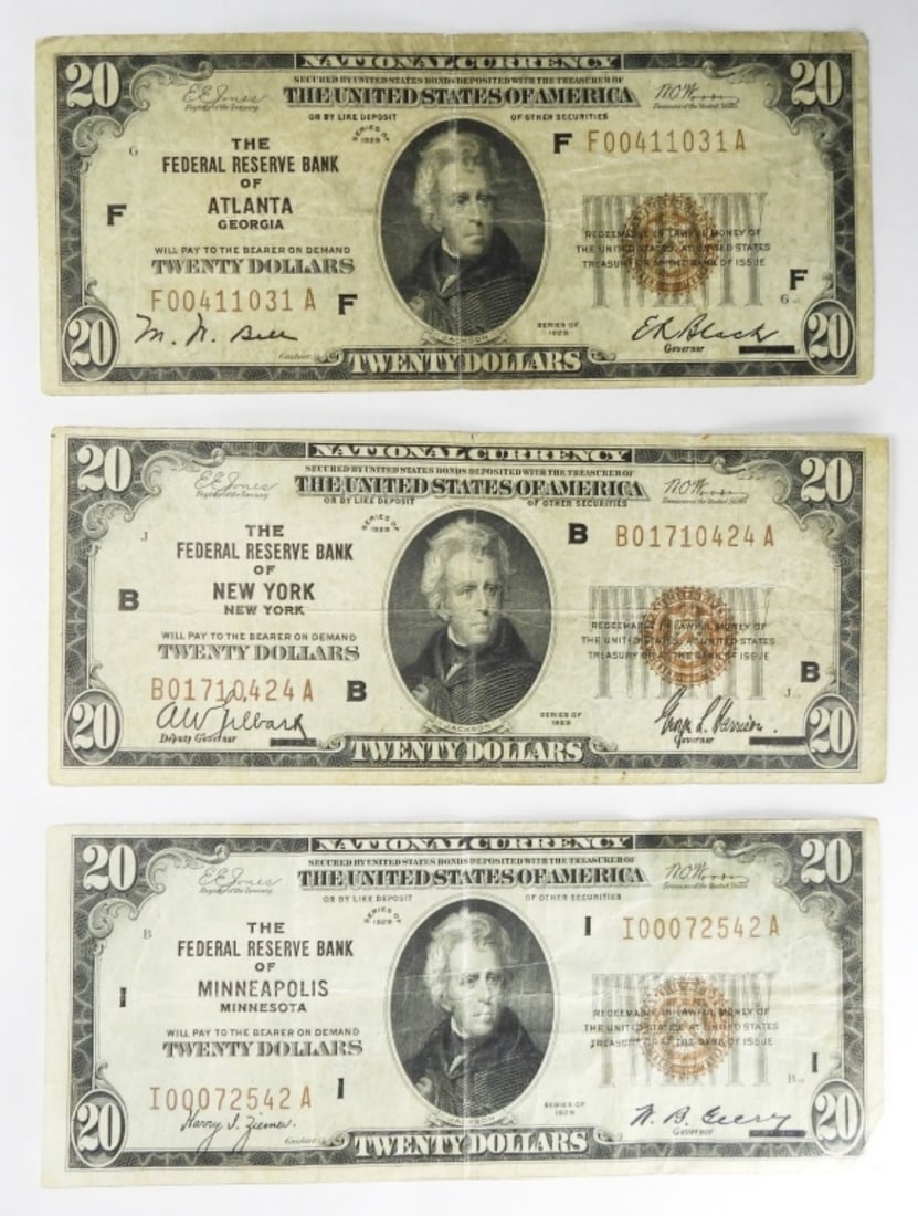 (3) 1929 $20 NATL NOTES - ALL DIFFERENT (1 of 2)