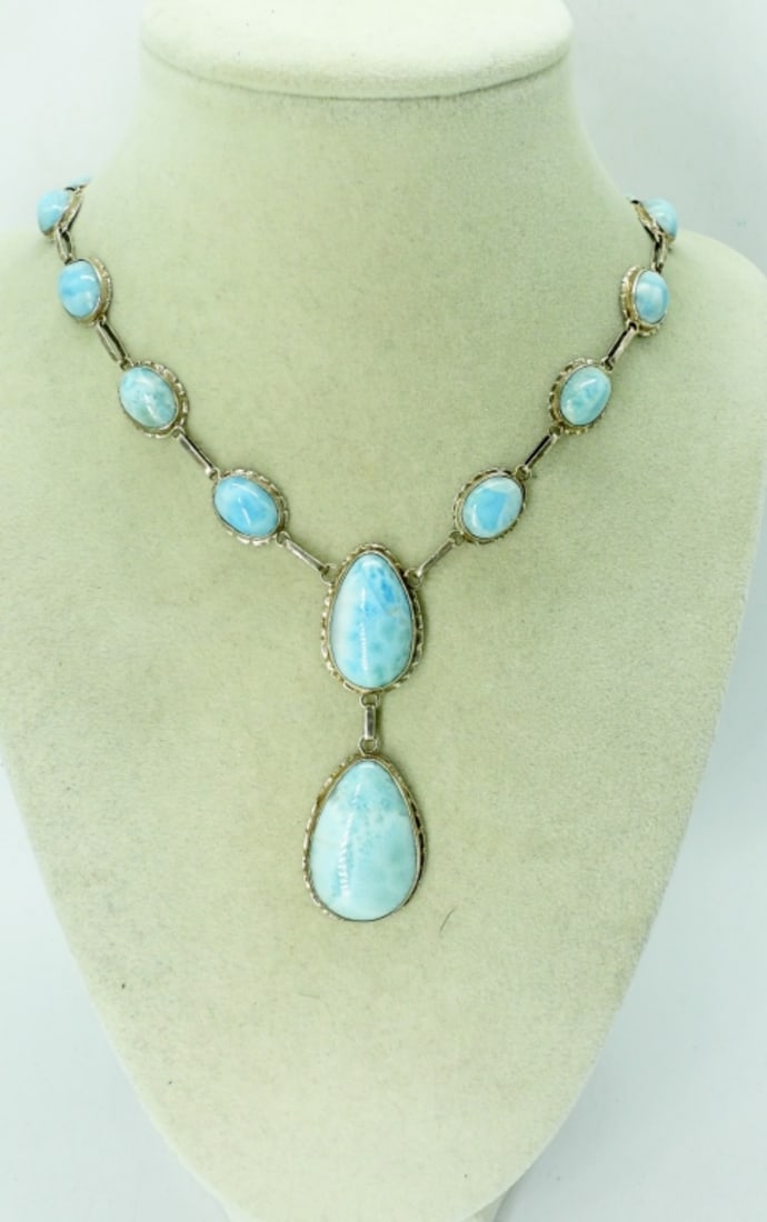 LARIMAR STONES IN STERLING, NECKLACE VTG: VINTAGE STERLING NECKLACE, GORGEOUS LARIMAR GEMSTONES. 22" LONG. 18 DWT