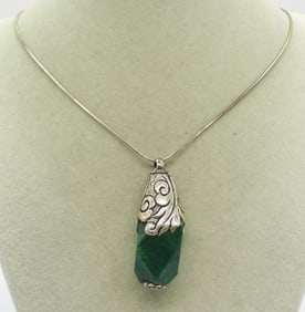 LARGE EMERALD AGATE PENDANT W CHAIN 925