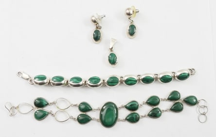 GREEN MALACHITE STERLING JEWELRY LOT