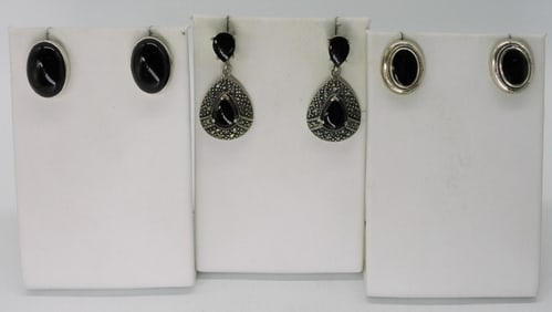 (3) PAIR 925 BLACK GEM EARRINGS