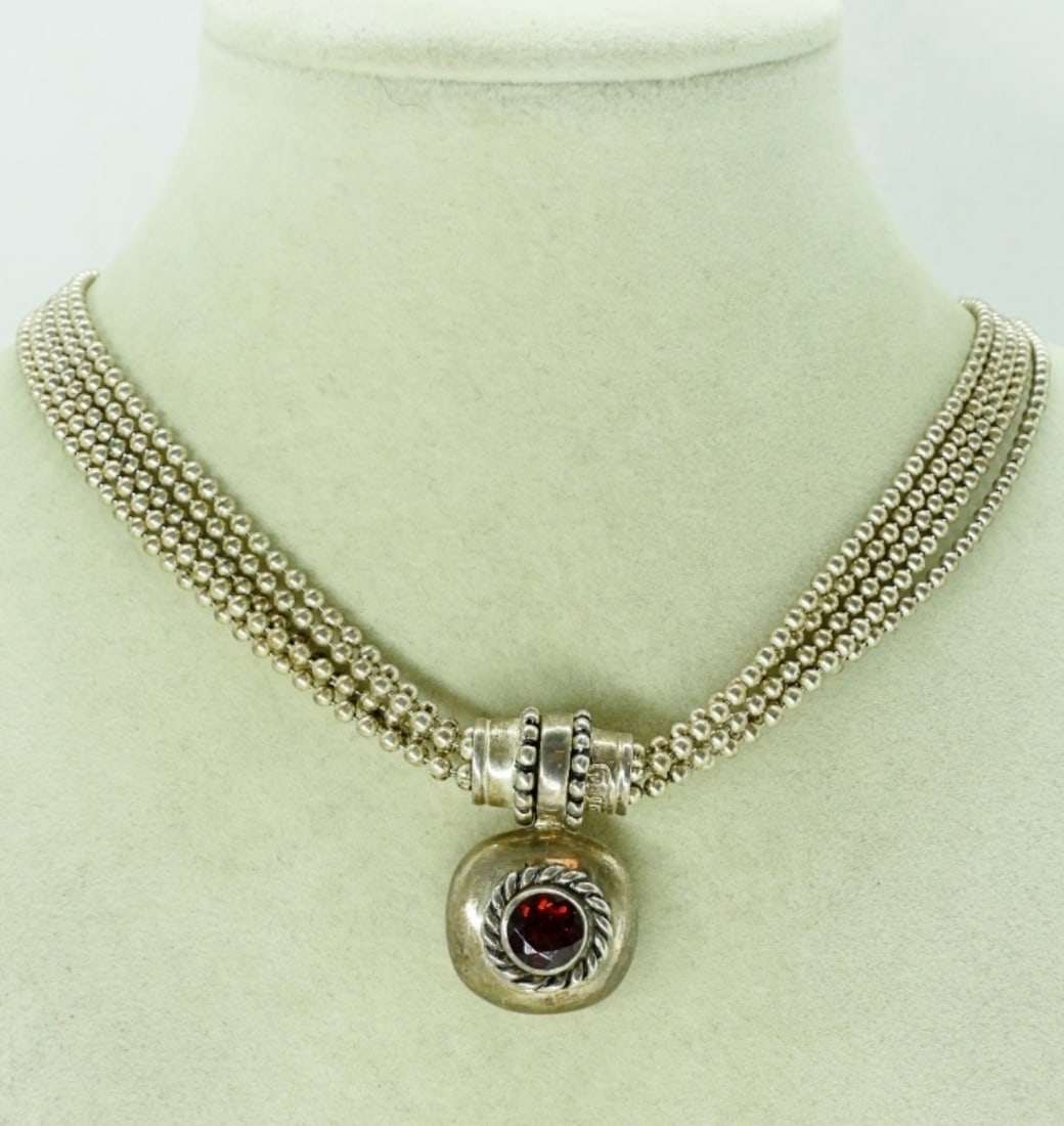ESPO 925 CHAIN NECKLACE - VINTAGE: ESPO 925 VINTAGE CHAIN NECKLACE WITH RED GEMSTONE. 18". 36.6 DWT