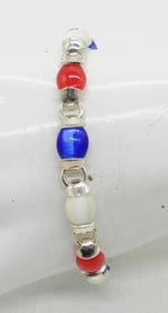 CATS EYE RED WHITE BLUE STERLING BRACELET