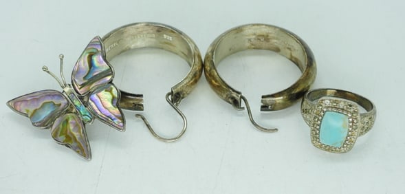 ABALONE & TURQUOISE STERLING VTG JEWELRY