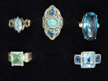 (5) BLUE GEMSTONE STERLING RINGS