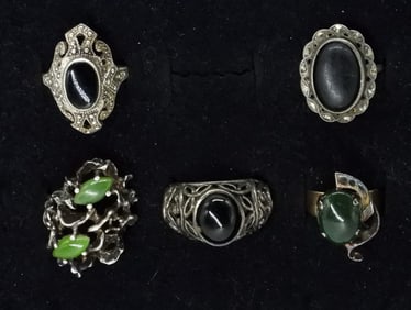 (5) GREEN & BLACK GEMSTONE 925 RINGS