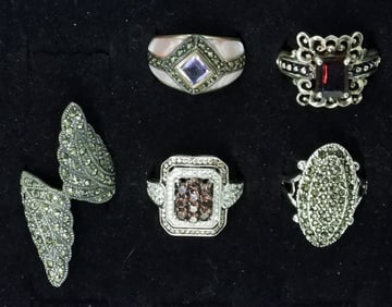 (5) STERLING MARCASITE RINGS