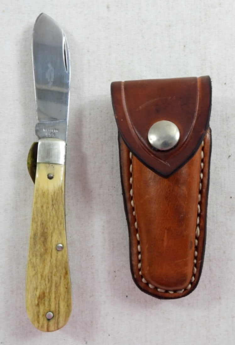WESTERN USA 854 SINGLE BLADE KNIFE: NICE CONDITION - BONE HANDLE w/LEATHER BELT SHEATH