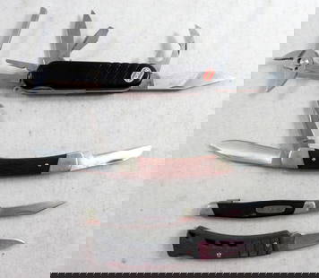 (4) BUCK POCKET KNIVES / UTILITY & MORE: BUCK 703 THREE BLADE, BUCK 309 TWO BLADE one blade broke off, BUCK 425 & WENGER MULTI-TOOL with BUCK STICKER LOL