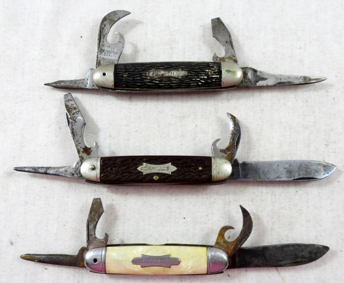 (3) KAMP-KING WORKMANS KNIFE LOT: ALL USED (1) CAMULLUS (2) KAMP KING
