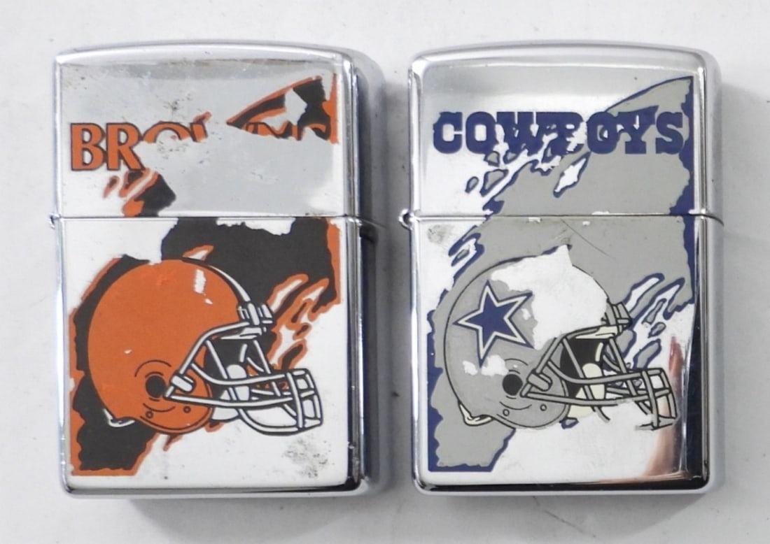 1997 & 1999 FOOTBALL AD ZIPPOS: 1997 & 1999 FOOTBALL AD ZIPPOS, 1997 FIRED DALLAS "COWBOYS" W/ HELMET DESIGN (WORN) ENGRAVED W" TO THE ONE WHO LIGHTS MY LIFE", 1999 FIRED CLEVELAND "BROWNS" W/ HELMET DESIGN (WORN)