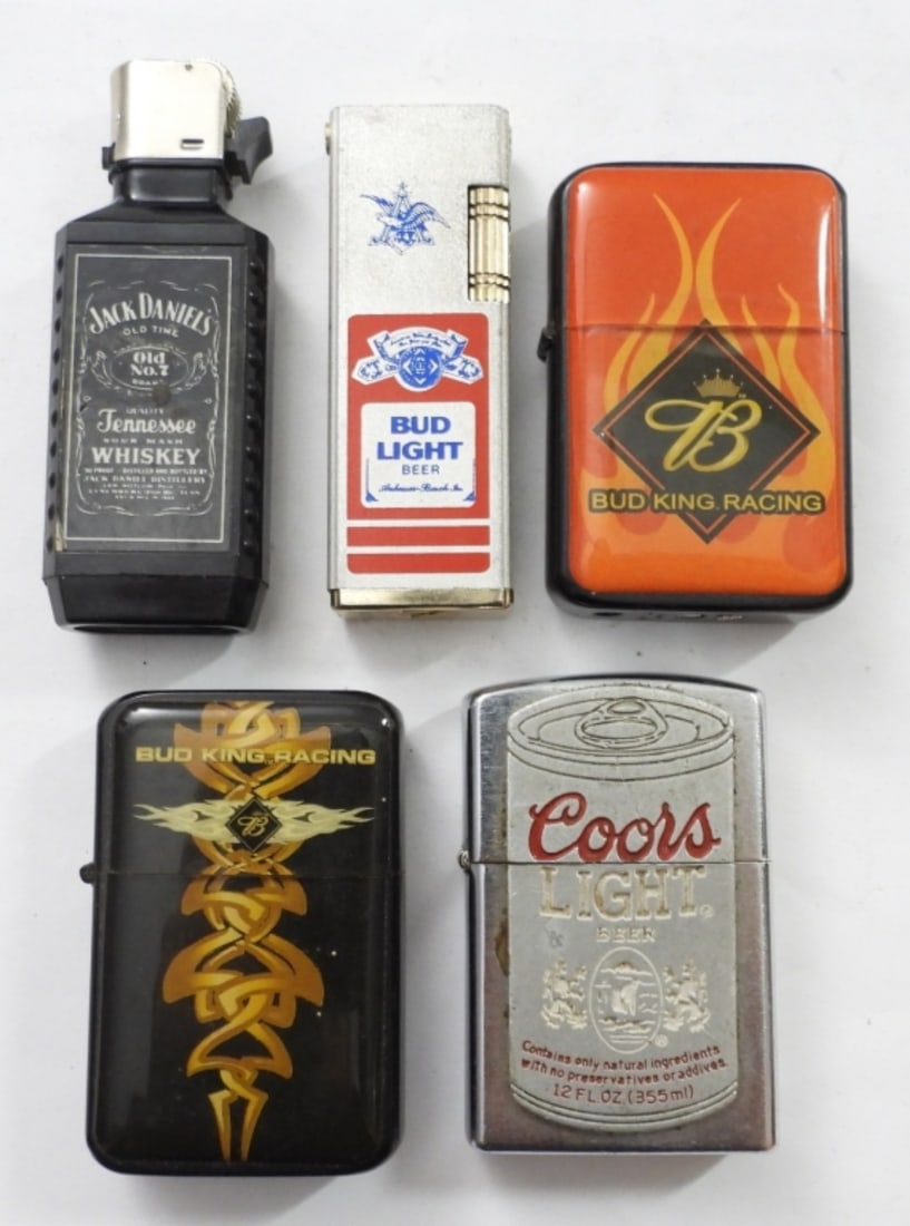 (5) BEER/SPIRITS LIGHTERS: (5) BEER/SPIRITS LIGHTERS, (2) BUD KING RACING FLIP TOP BUTANE, JACK DANIELS BUTANE, BUD LIGHT VINTAGE BUTANE, COORS LIGHT UNFIRED FLIP TOP