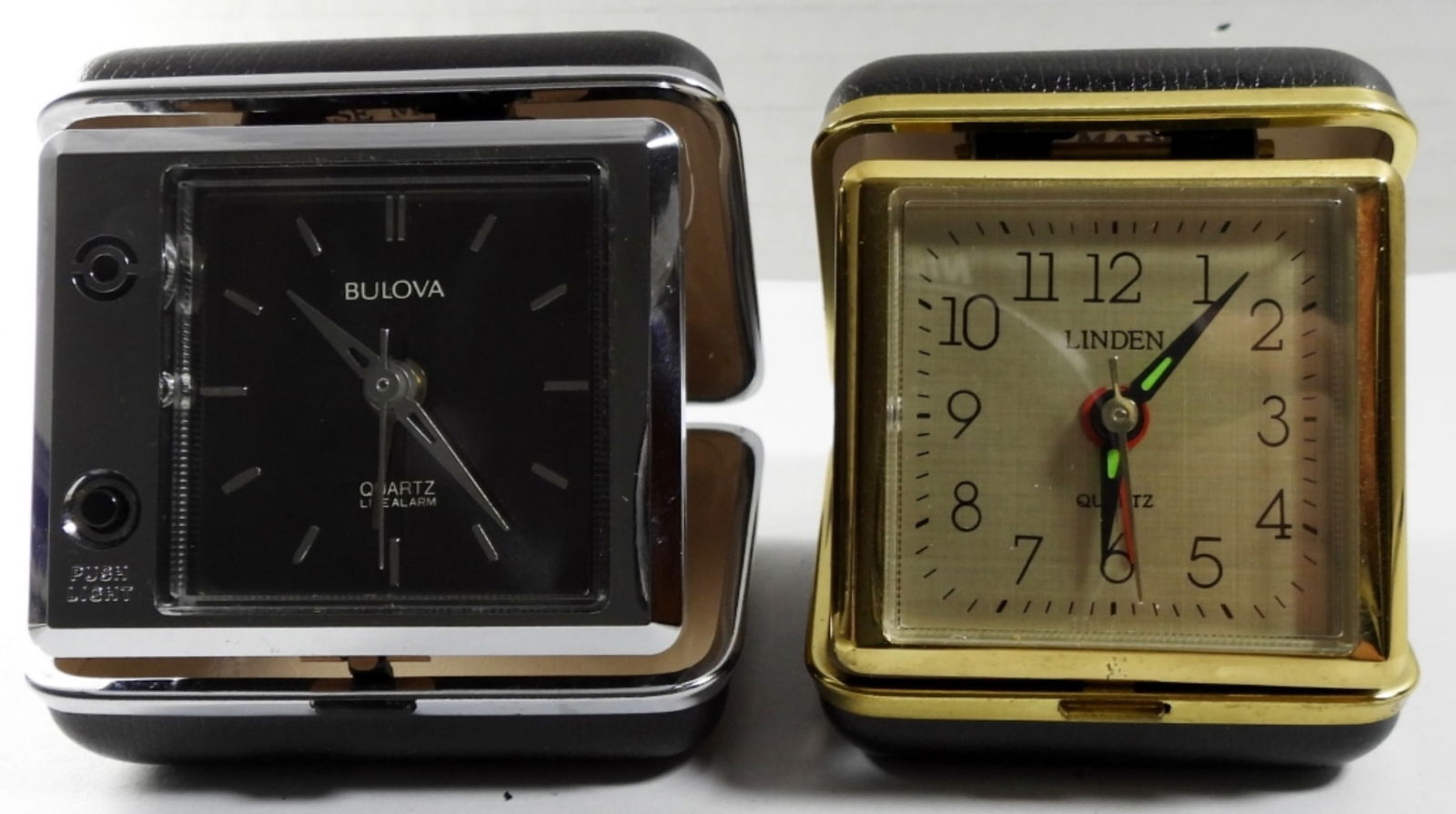 (2) VINTAGE TRAVEL ALARM CLOCKS: (2) VINTAGE TRAVEL ALARM CLOCKS ,BULOVA & LINDEN ( NOT TESTED AS TO WORKING OR NOT )