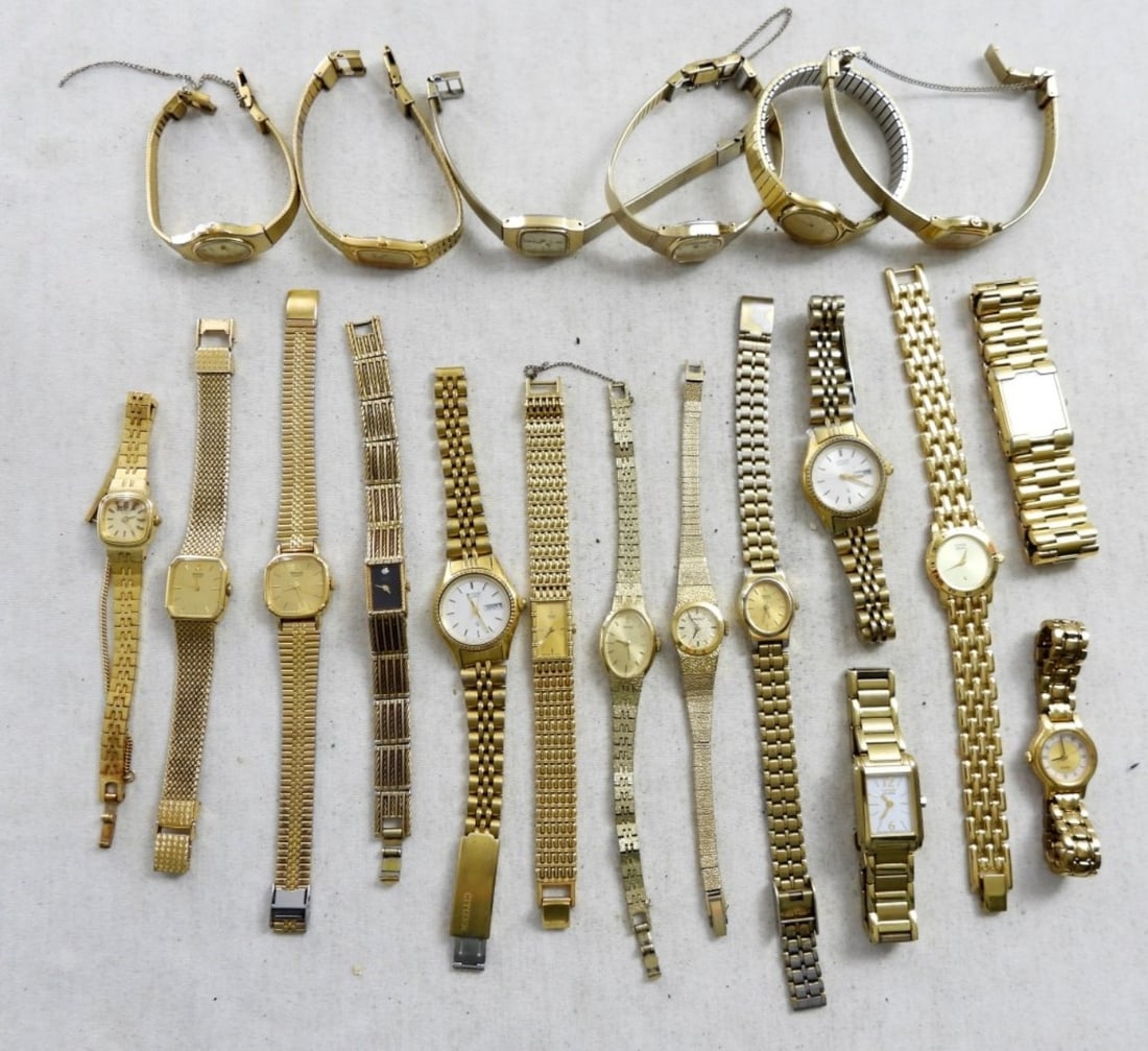 (20) LADIES GOLD TONE FASHION WATCHES: (20) LADIES GOLD TONE FASHION WATCHES ,ALL WITH CLASP BANDS , SEIKO, AND CITIZENS (NOT TESTED AS TO WORKING OR NOT )