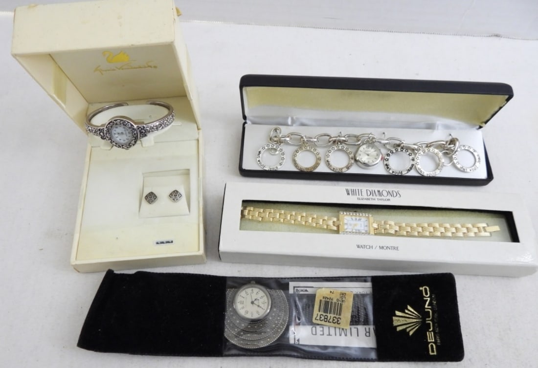 (4) LADIES FASHION quartz WATCHES - NEW: UNTESTED LOT - ALL IN ORIGINAL BOXES - WHITE DIAMONDS ELIZABETH TAYLOR, GLORIA VANDERBILT & MORE