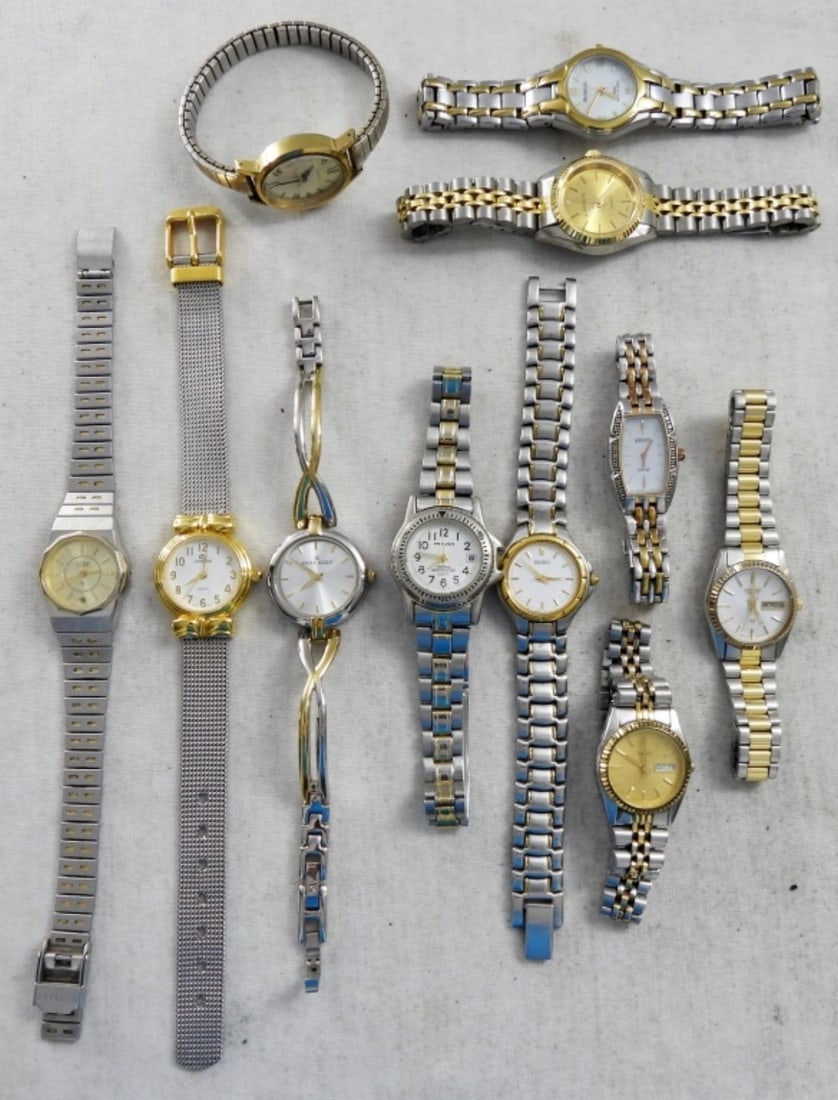(11) GOLD AND SILVER TONE LADIES WATCHES: NOT TESTED, ALL DIFFERENT STYLES, SOME BRANDS INCLUDE ANNE KLEIN, GENEVA, CITIZEN, TIMEX AND SEIKO