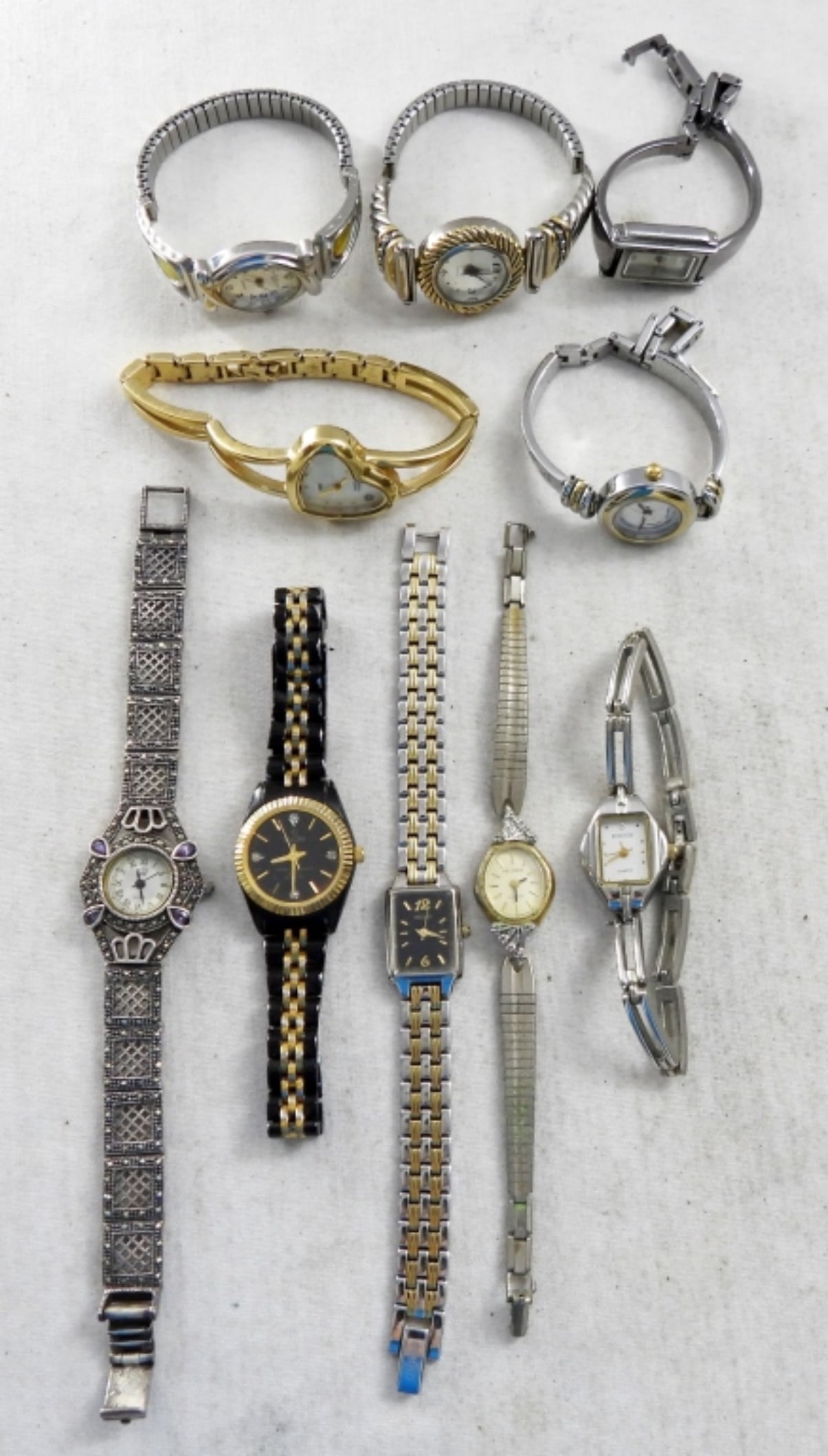 (10) FASHION LADIES WATCHES: NOT TESTED, ALL DIFFERENT STYLES, SOME BRANDS INCLUDE TIMEX, ELGIN, SEIKO, ANNE KLEIN II AND MORE