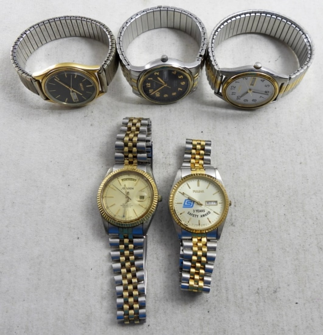 (5) TWO-TONE MENS DATE/DAY WATCHES (1 of 3)