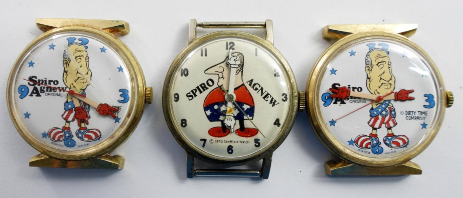 (3) SPIRO AGNEW VINTAGE WATCH LOT: (1) DIRTY TIME CO> RUNNING (1) 1970 SHEFFIELD for REPAIR (1) SWISS NOT RUNNING for PARTS