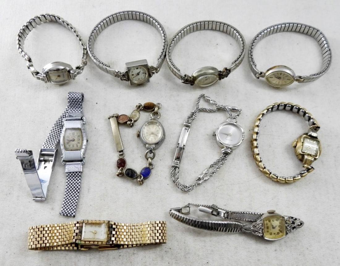 (10) LADIES VINTAGE WATCHES: NOT TESTED, OMEGA, CROTON, HAMILTON, CLINTON, BENRUS, BUCHERER, ONE WATCH IS BROKEN AT THE STRAP