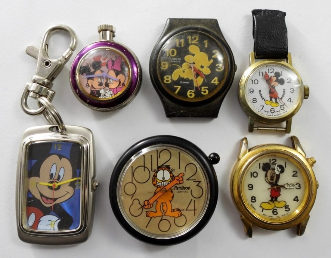 (6) NOVELTY WATCH PARTS: NOT TESTED, FOR REPAIR, 5- MICKEY MOUSE ,1- GARFIELD