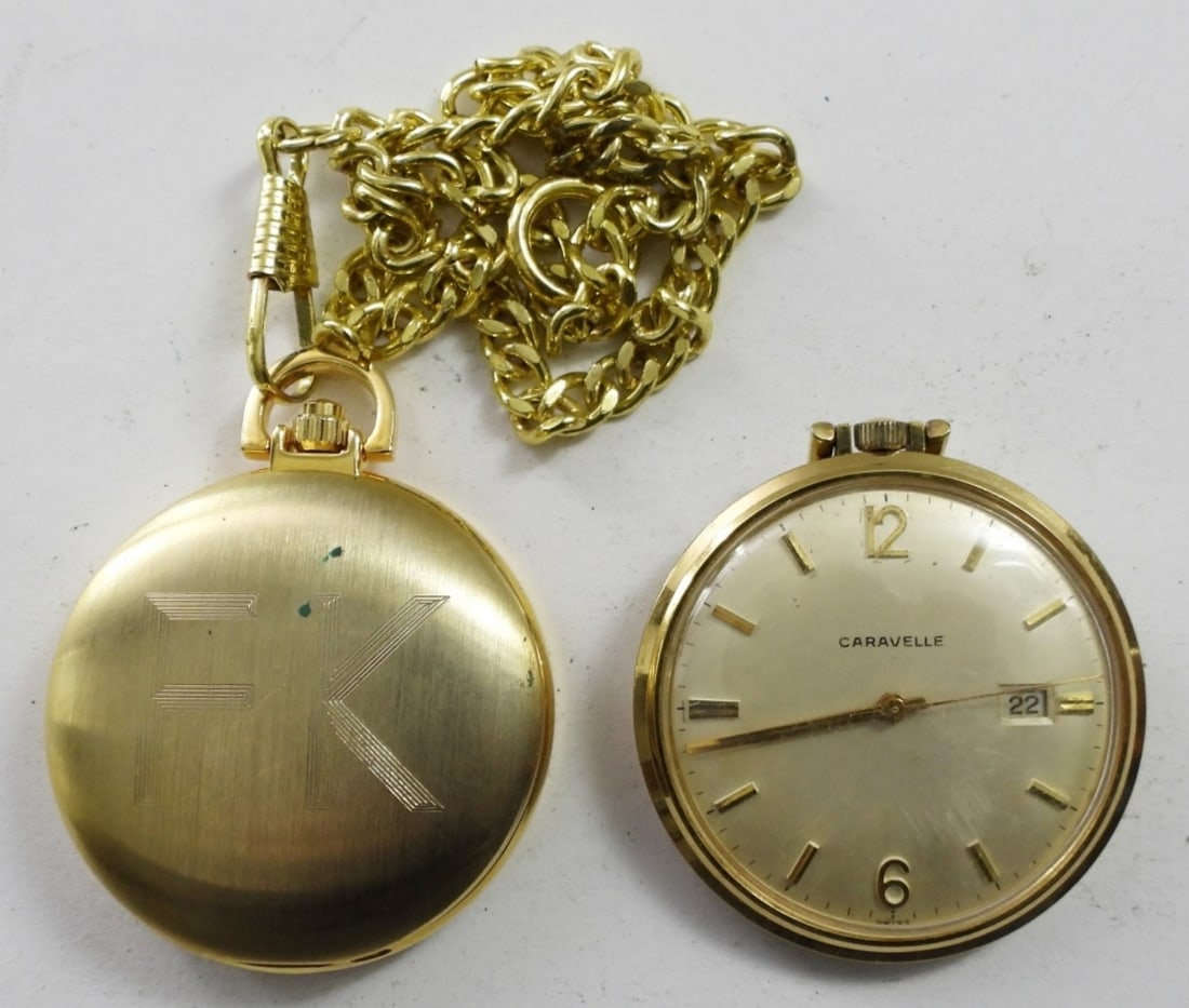 2 GOLD TONE DATE POCKET WATCHES (1 of 3)