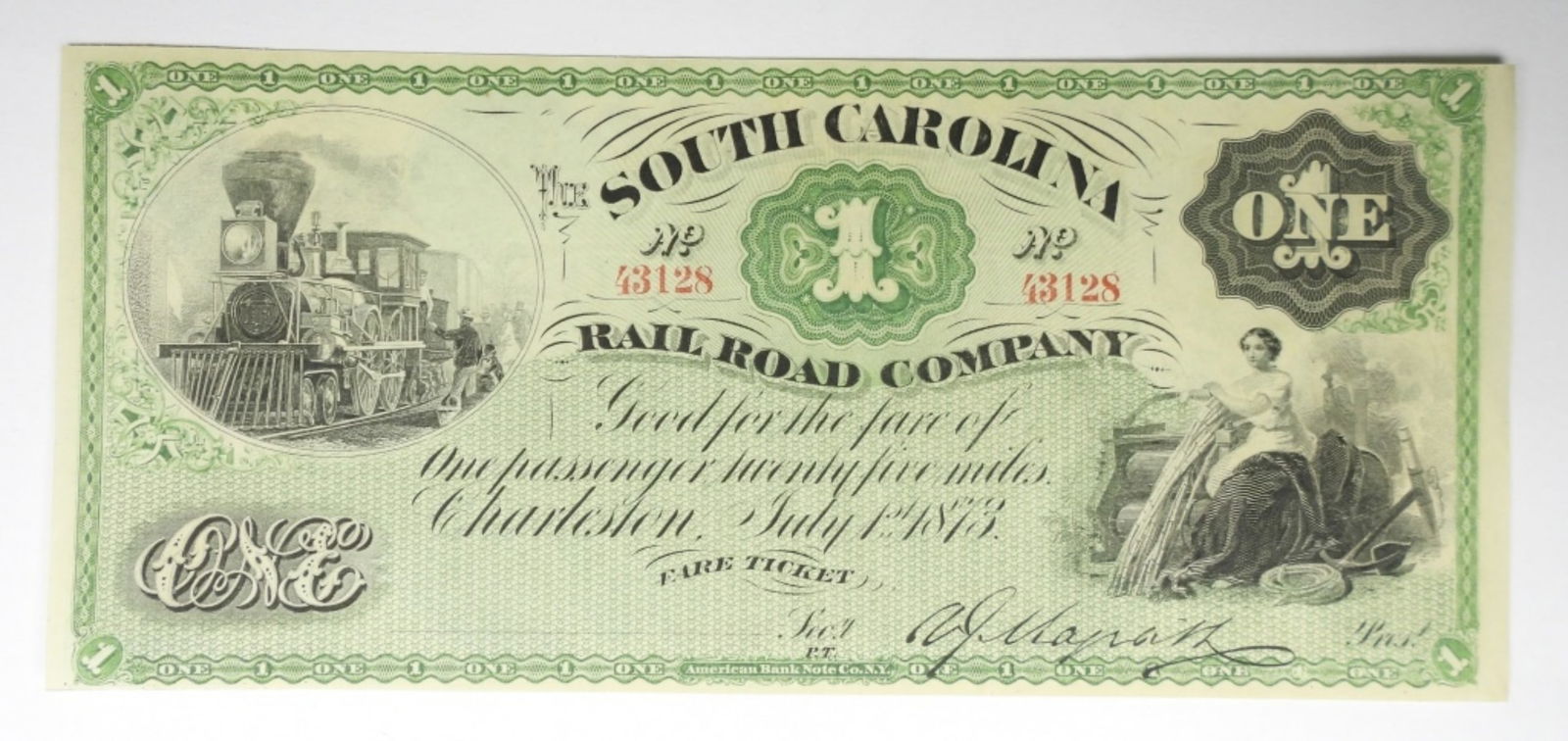 S.CAROLINA RAILROAD CO.$1 OBSOLETE NOTE (1 of 2)