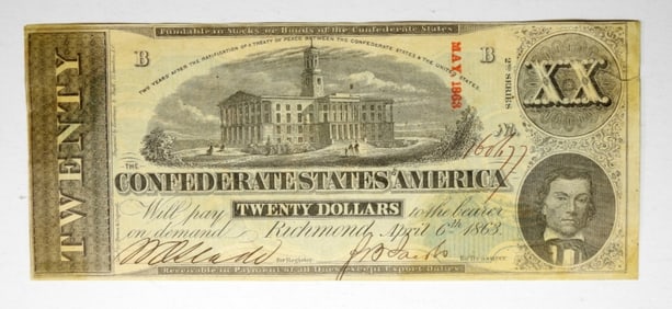1863 $20 TEAR CONFEDERATE STATES OF AMERICA
