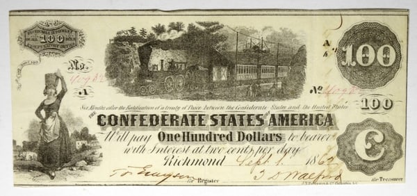 1862 $100 CONFEDERATE STATES OF AMERICA