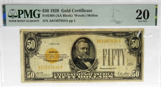 1928 $50 GOLD CERTIFICATE PMG 20