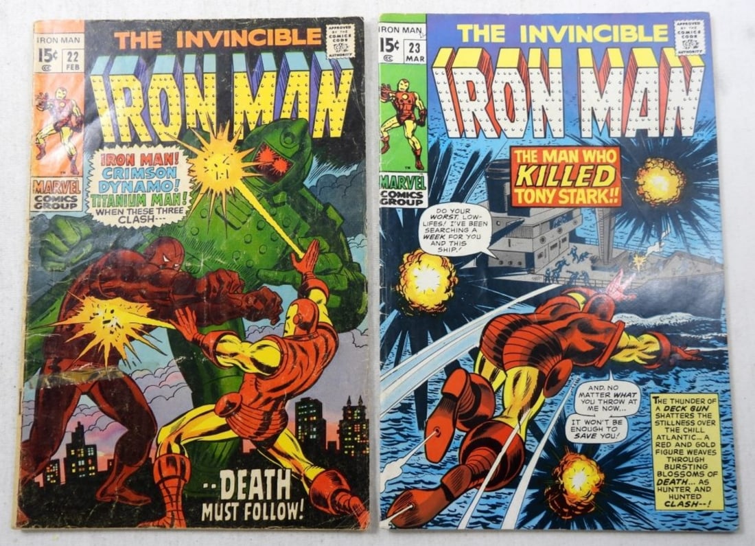 1970 MARVEL IRON MAN #22 & #23: 1970 MARVEL IRON MAN # 22, DEATH OF JANICE CORD(FAIR/GOOD) #23 THE MAN WHO KILLED TONY STARK!(GOOD/VG)