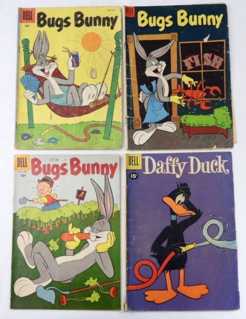 (4) DELL BUGS BUNNY & DAFFY DUCK: (4) DELL BUGS BUNNY & DAFFY DUCK, BUGS BUNNY NO 62 VERY GOOD CONDITION, BUGS BUNNY NO 48 WORN, SMALL SCRIBBLE ON FRONT, BUGS BUNNY 32 GOOD CONDITION, DAFFY DUCK NO25 GOOD CONDTION