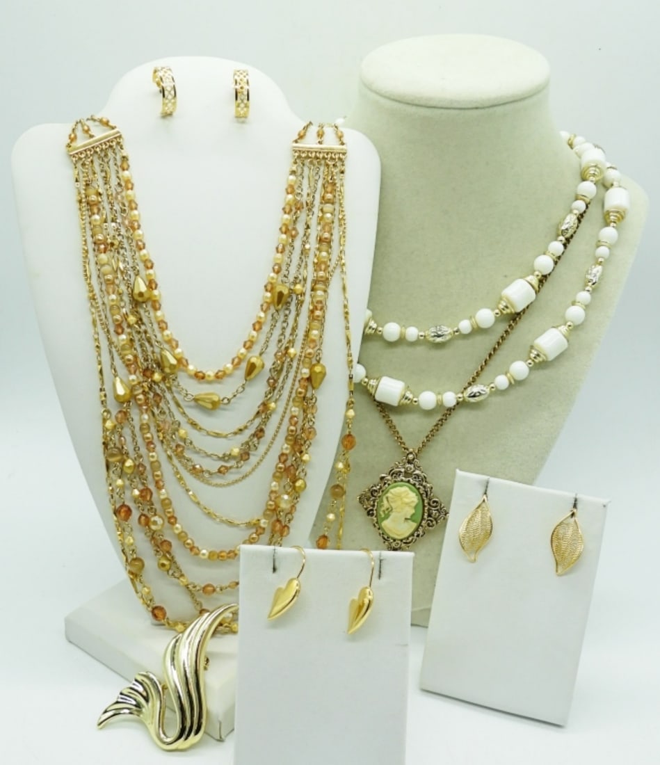 VINTAGE CAMEO & MUCH MORE: THREE GOLD TONE VINTAGE NECKLACES, 19", 24", 36". THREE PAIR OF GOLD TONE PIERCED EARRINGS