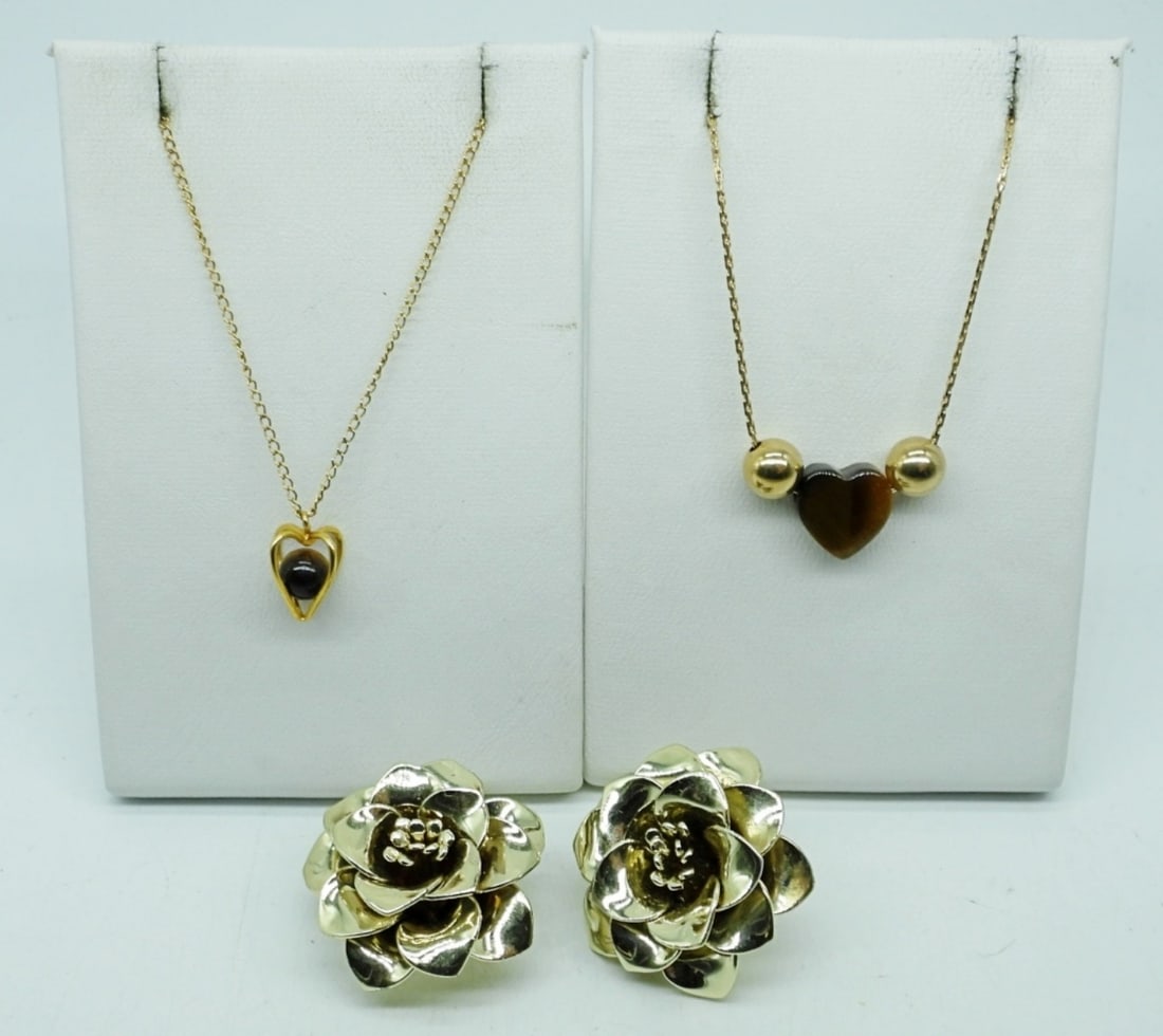VTG TIGERS EYE NECKLACES & ROSE EARRINGS: TWO GOLD TONE NECKLACES WITH TIGERS EYE GEMSTONES, 16". ONE PAIR GOLD TONE ROSE CLIP ON EARRINGS.