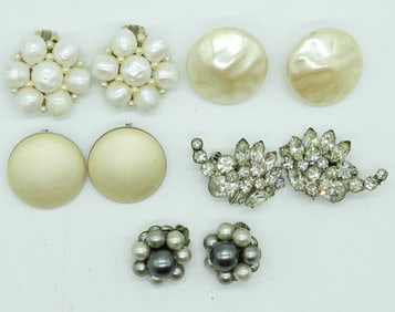 (5) VTG CLIP ON PEARL RHINESTONE EARRINGS