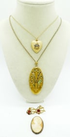 VTG LOCKETS, EARRINGS & CAMEO BROOCH