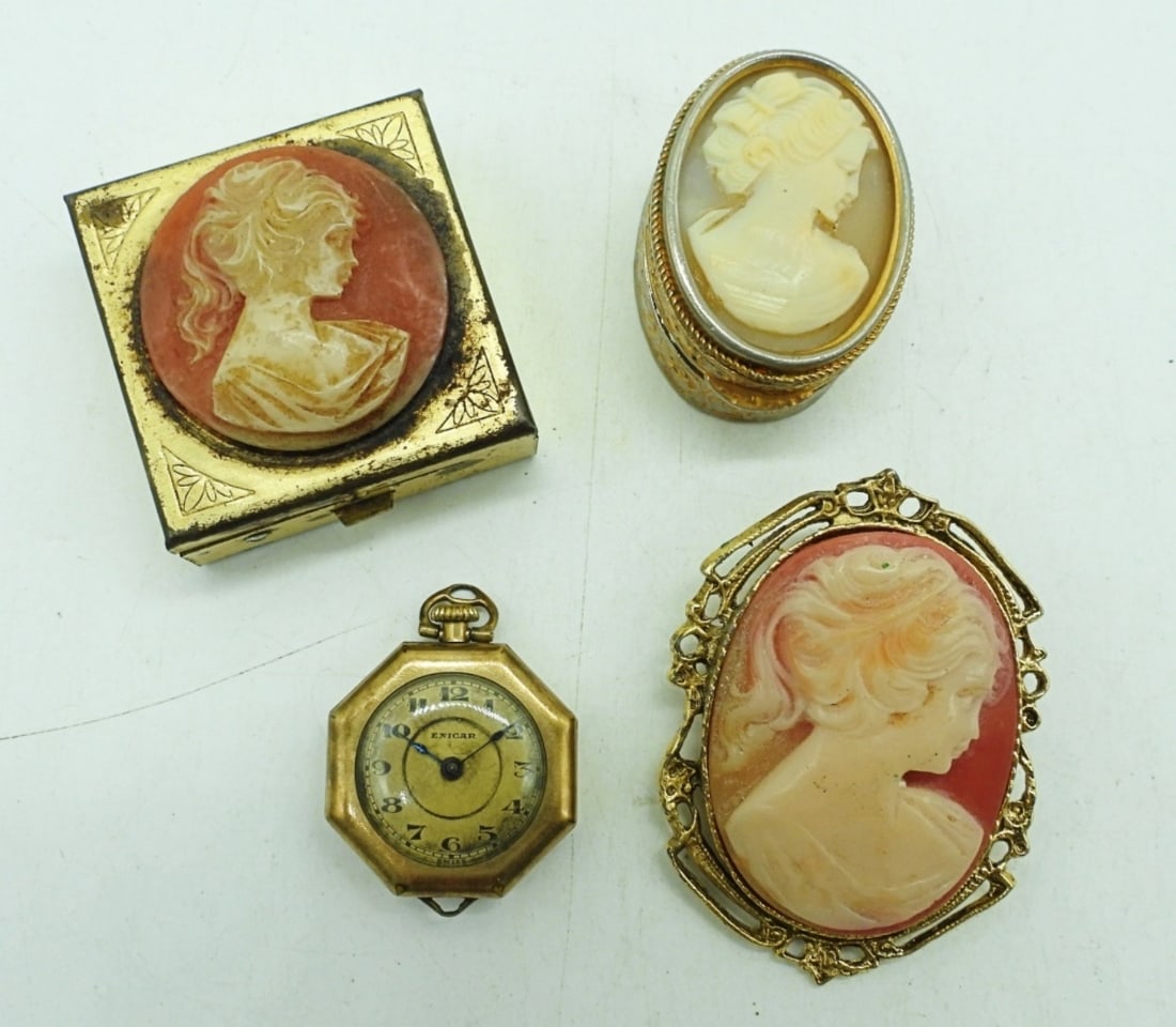 VTG CAMEO BOXES, PINS & TINY WATCH (1 of 2)